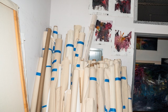 Canvas rolls in an art studio