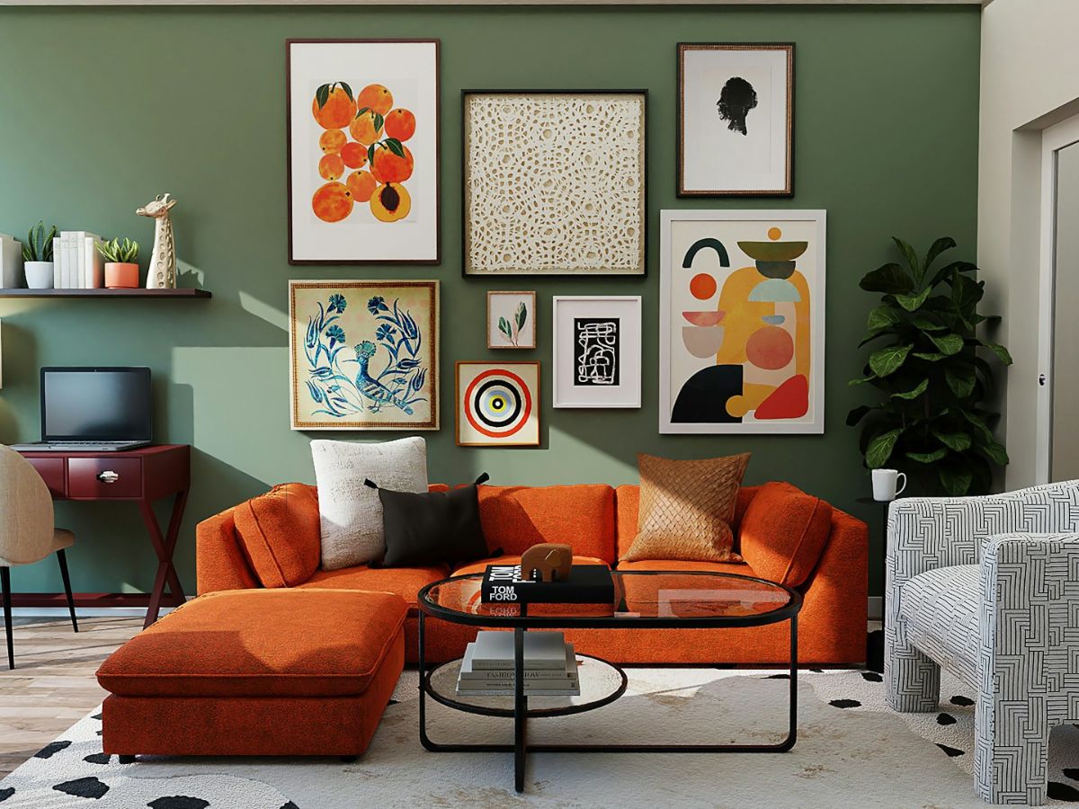 orange and black sofa with throw pillows