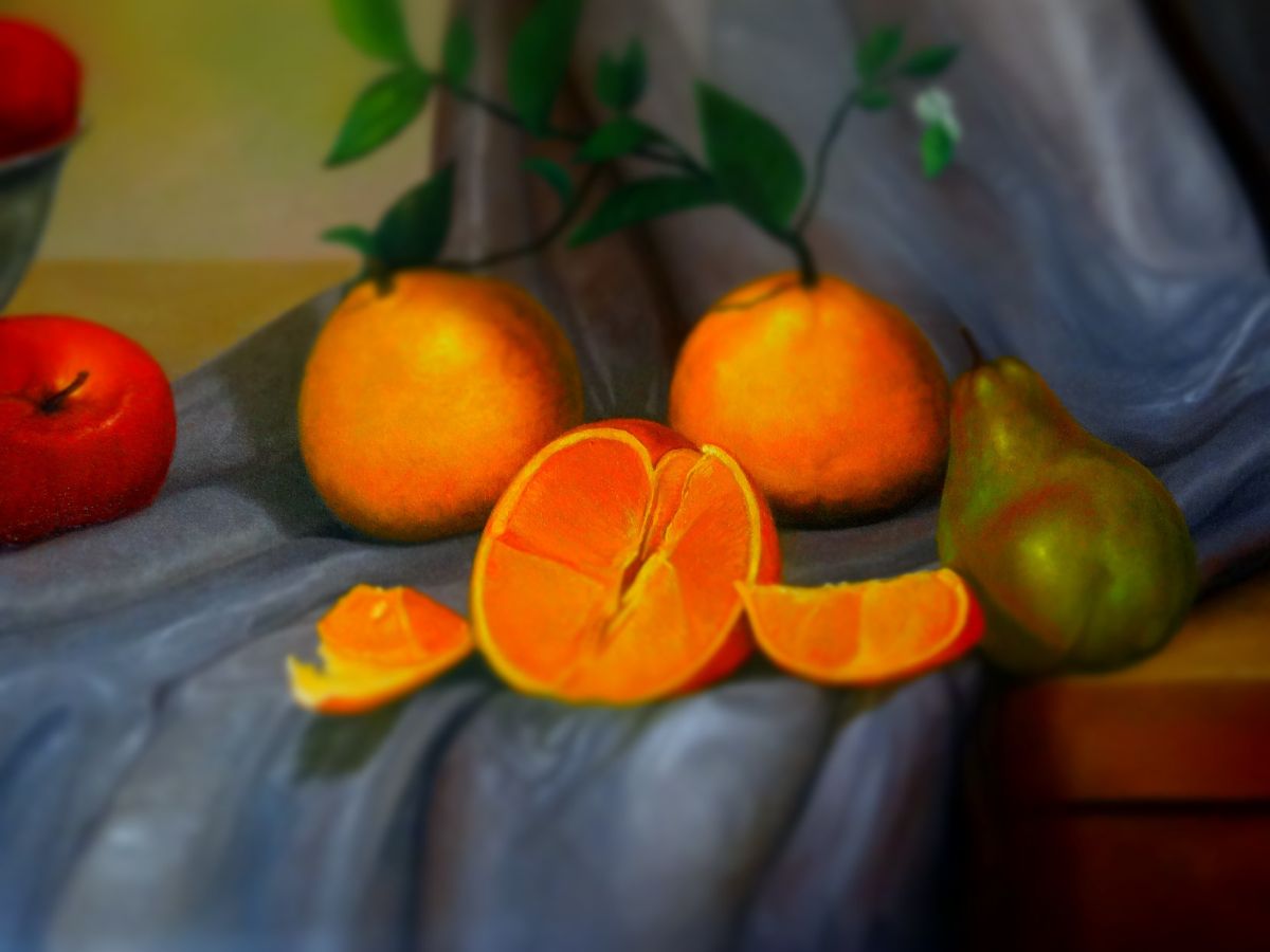 still life painting of 3 oranges