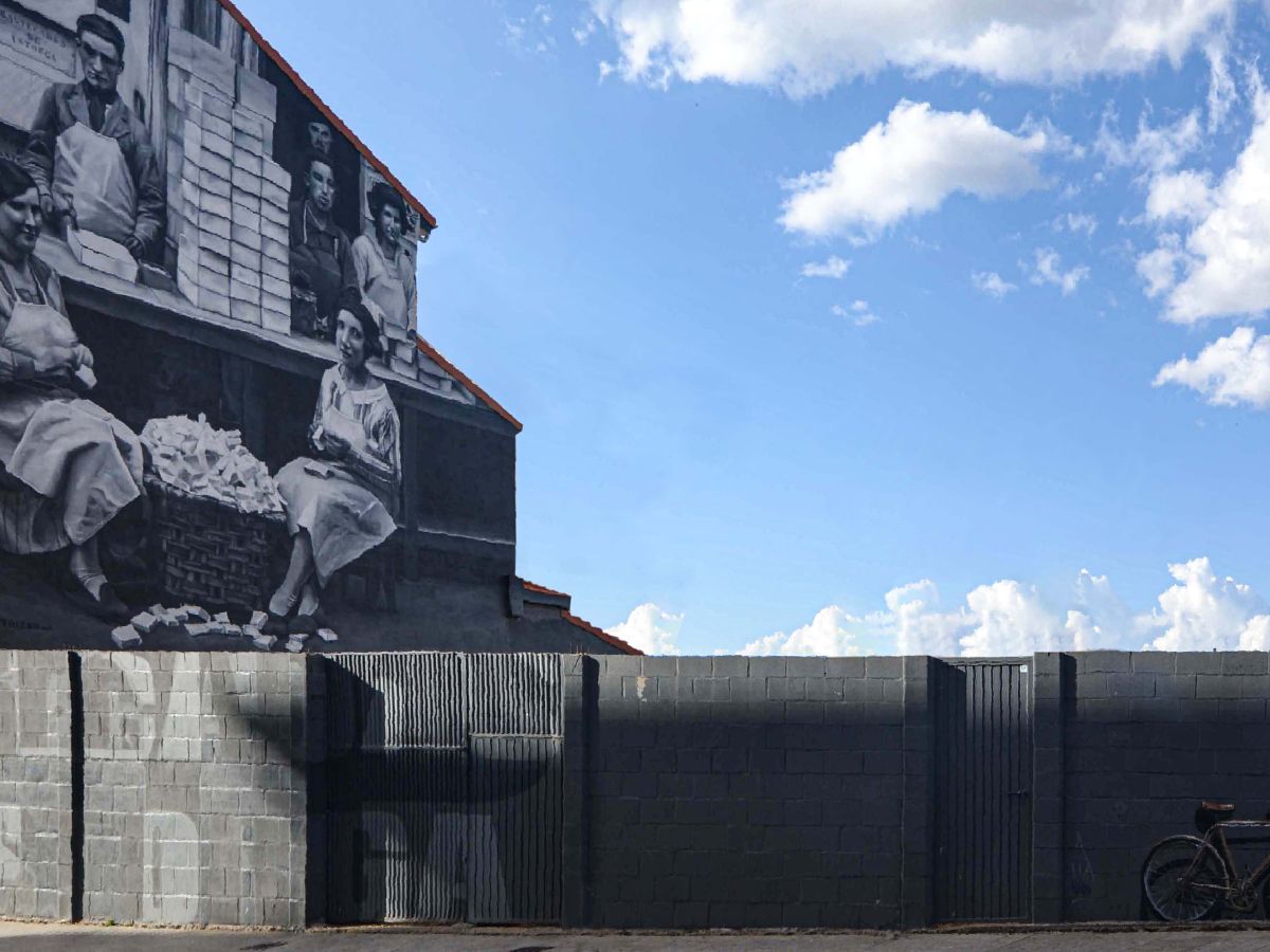 black and white mural on building