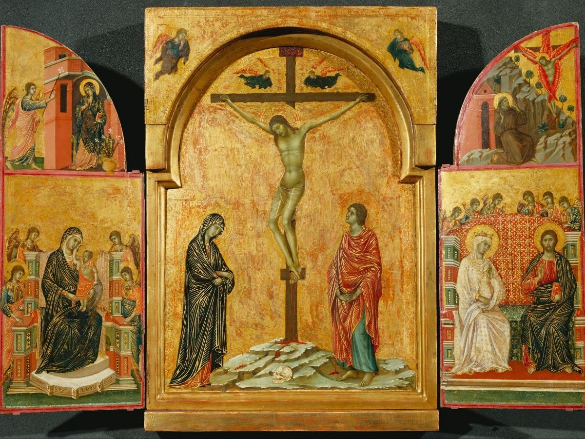 Triptych: Crucifixion and other Scenes by Duccio di Buoninsegna, between 1302 and 1308, tempera on panel, 17.6 in x 12.3 in, Royal Collection of the United Kingdom