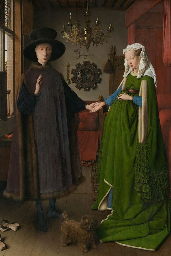 "The Arnolfini Portrait", Jan van Eyck, 1434, 82 cm x 60 cm (32.2 in x 23.6 in), oil on oak wood, portrait, Room 28, National Gallery, London.