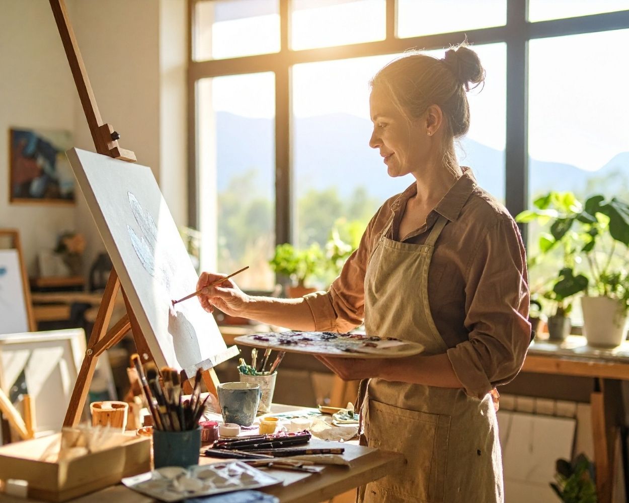 woman painting on a canvas on an easel