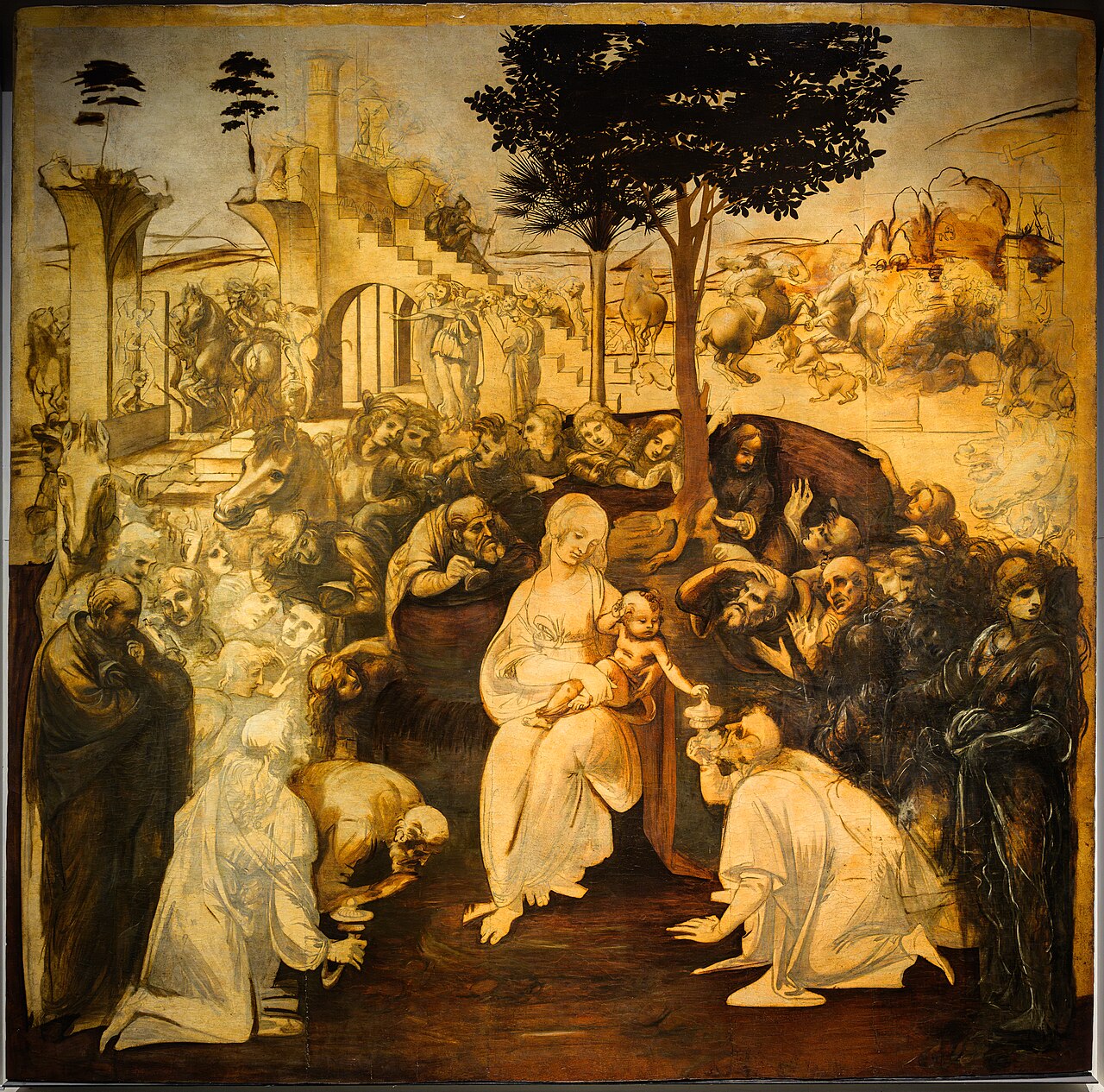 Adoration of the Magi, underdrawing in charcoal, ink, watercolor and oil paint on wood by Leonardo da Vinci, 1481, 97 in × 96 in; Uffizi Gallery, Florence, Italy.