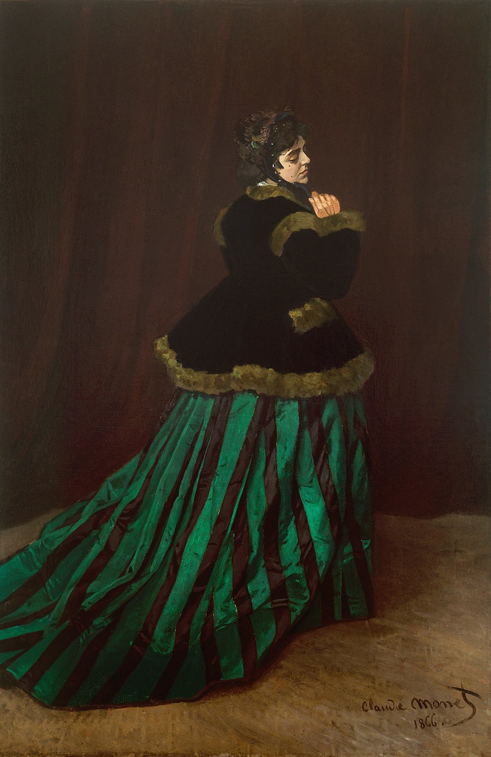 The Woman in the Green Dress, Camille Doncieux, oil on canvas by Claude Monet, 1866, 231 cm x 151 cm (90.9 in x 59.4 in); in Kunsthalle Bremen, Germany.
