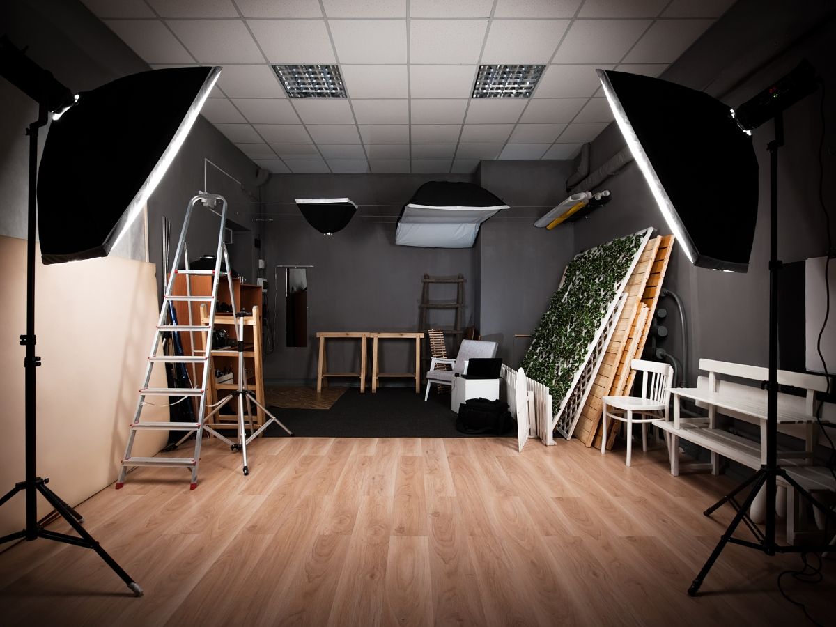 two photography lights in an art studio