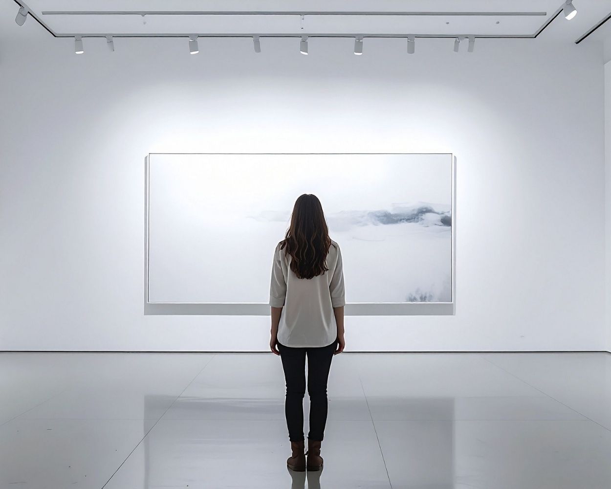 woman viewing a large painting at a gallery