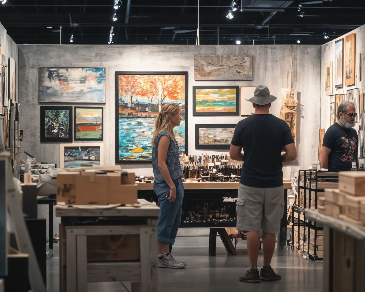 two people viewing paintings at anindoor art gallery