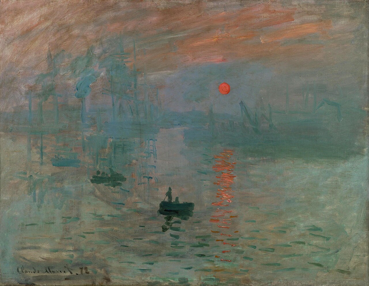 Impression, Sunrise, oil on canvas by Monet, 1872, 48 x 63 cm (18.9 x 24.8 in); in Musée Marmottan Monet, Paris, France.